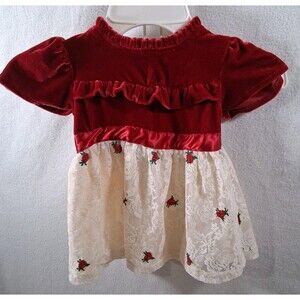 Nicole Miller Baby Girl Red Velvet Ivory Lace w- Red Roses Dress 6–9 Months